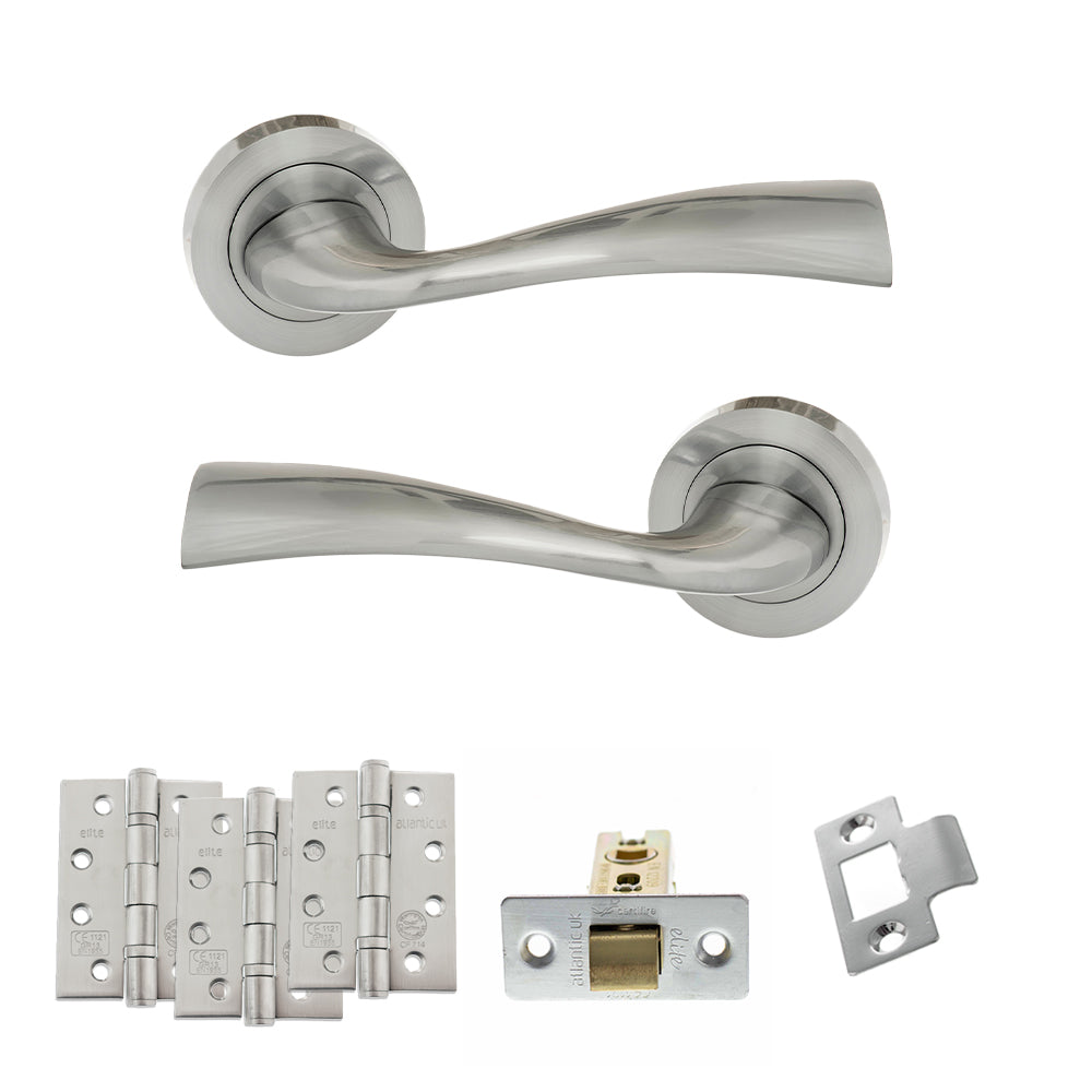 Eco Wave Door Handle Pack (Latch Set - 2.5" CE Latch, 4" Fire Rated Hinges x3) - Satin Chrome - Default