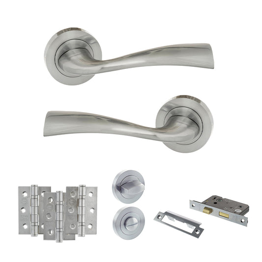 Eco Wave Door Handle Pack (Bathroom Set - 2.5" CE Bathroom Lock, 3" Fire Rated Hinges x3) - Satin Chrome - Default