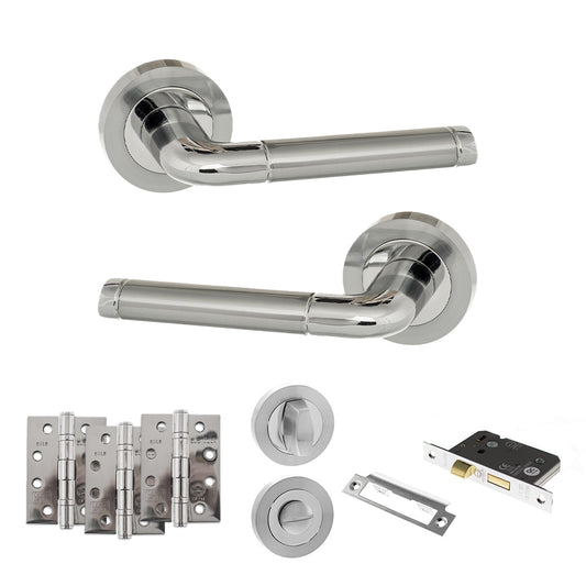 Eco Ocean Door Handle Pack (Bathroom Set - 3" CE Bathroom Lock, 4" Fire Rated Hinges x3) - Satin Chrome/Polished Chrome - Default