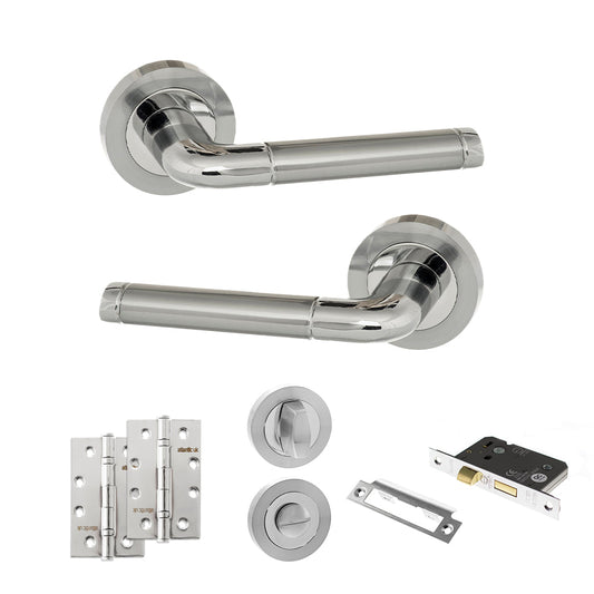 Eco Ocean Door Handle Pack (Bathroom Set - 3" CE Bathroom Lock, 4" Slim Knuckle Hinges x2) - Satin Chrome/Polished Chrome - Default