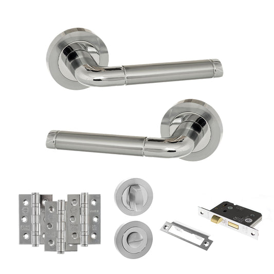 Eco Ocean Door Handle Pack (Bathroom Set - 3" CE Bathroom Lock, 3" Fire Rated Hinges x3) - Satin Chrome/Polished Chrome - Default