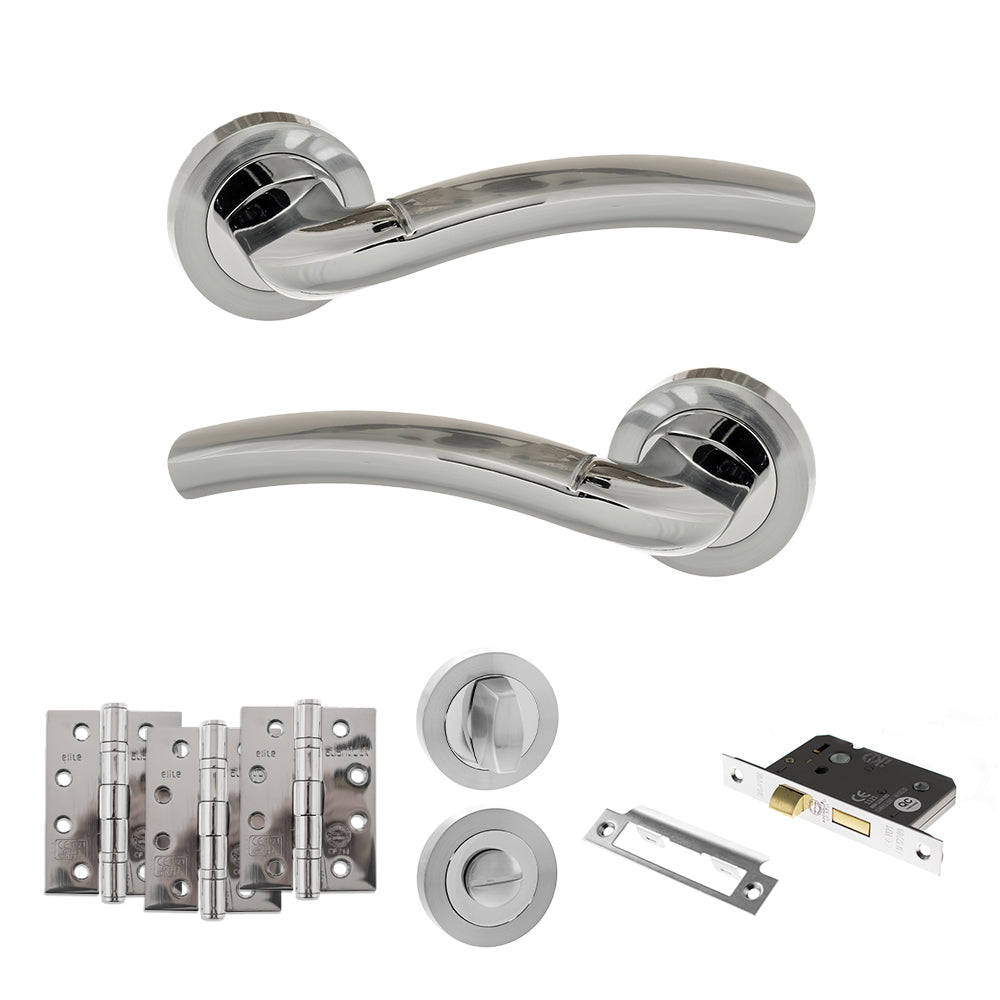 Eco Crest Door Handle Pack (Bathroom Set - 2.5" CE Bathroom Lock, 4" Fire Rated Hinges x3) - Satin Chrome/Polished Chrome - Default