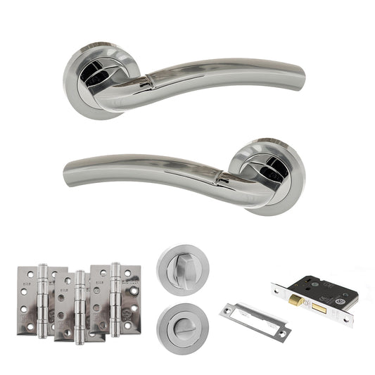 Eco Crest Door Handle Pack (Bathroom Set - 3" CE Bathroom Lock, 4" Fire Rated Hinges x3) - Satin Chrome/Polished Chrome - Default