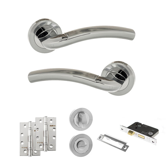 Eco Crest Door Handle Pack (Bathroom Set - 2.5" CE Bathroom Lock, 4" Slim Knuckle Hinges x2) - Satin Chrome/Polished Chrome - Default