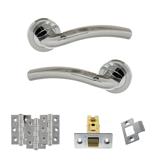 Eco Crest Door Handle Pack (Latch Set - 3" CE Latch, 3" Fire Rated Hinges x3) - Satin Chrome/Polished Chrome - Default