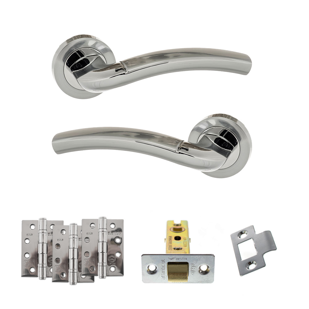 Eco Crest Door Handle Pack (Latch Set - 3" CE Latch, 4" Fire Rated Hinges x3) - Satin Chrome/Polished Chrome - Default