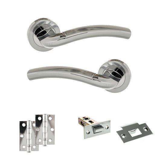 Eco Crest Door Handle Pack (Latch Set - 2.5" Latch, 3" Hinges x2) - Satin Chrome/Polished Chrome - Default