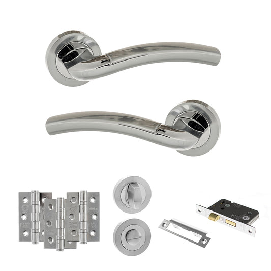 Eco Crest Door Handle Pack (Bathroom Set - 3" CE Bathroom Lock, 3" Fire Rated Hinges x3) - Satin Chrome/Polished Chrome - Default