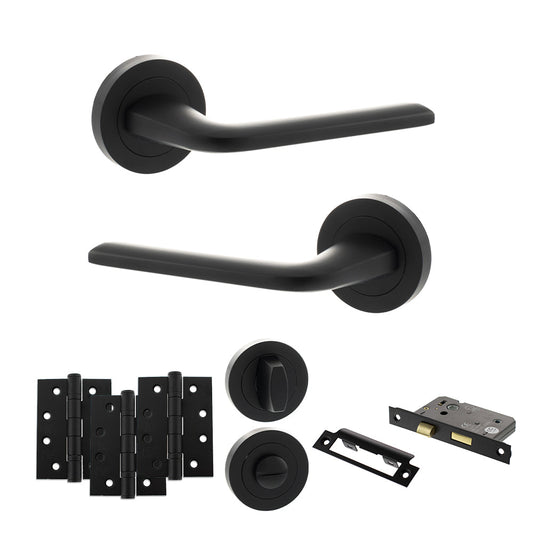 Eco Surf Door Handle Pack (Bathroom Set - 2.5" CE Bathroom Lock, 4" Fire Rated Hinges x3) - Matt Black - Default