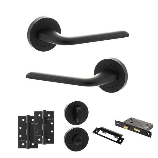 Eco Surf Door Handle Pack (Bathroom Set - 3" CE Bathroom Lock, 4" Slim Knuckle Hinges x2) - Matt Black - Default