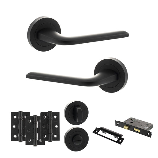 Eco Surf Door Handle Pack (Bathroom Set - 2.5" CE Bathroom Lock, 3" Fire Rated Hinges x3) - Matt Black - Default