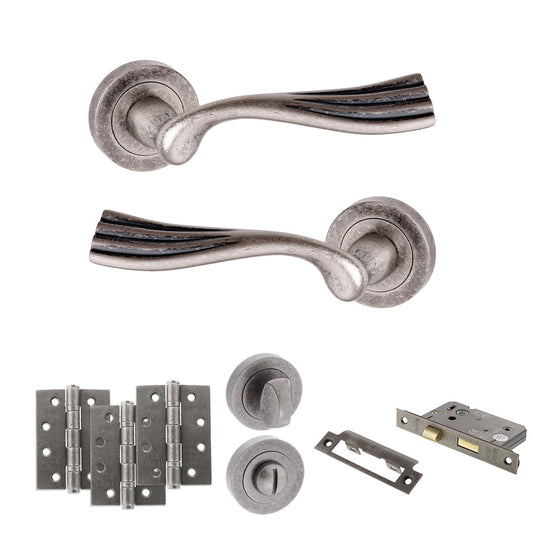 Old English Richmond Door Handle Pack (Bathroom Set - 2.5" CE Bathroom Lock, 4" Fire Rated Hinges x3) - Distressed Silver - Default