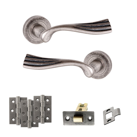 Old English Richmond Door Handle Pack (Latch Set - 2.5" CE Latch, 3" Fire Rated Hinges x3) - Distressed Silver - Default