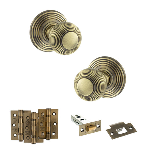 Old English Ripon Door Knob Pack (Latch Set - 4" HD Latch, 3" Fire Rated Hinges x3) - Antique Brass - Default