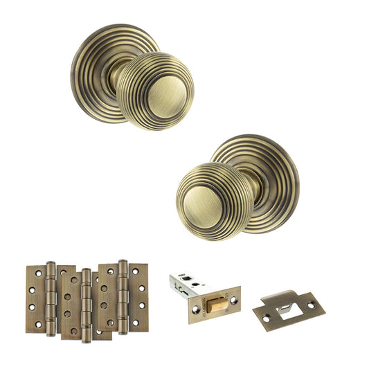 Old English Ripon Door Knob Pack (Latch Set - 4" HD Latch, 4" Fire Rated Hinges x3) - Antique Brass - Default