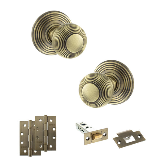 Old English Ripon Door Knob Pack (Latch Set - 4" HD Latch, 4" Slim Knuckle Hinges x2) - Antique Brass - Default