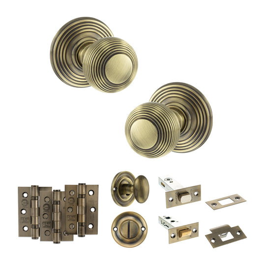 Old English Ripon Door Knob Pack (Bathroom Set - 4" Deadbolt, 3" Fire Rated Hinges x3) - Antique Brass - Default