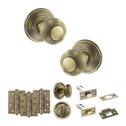 Old English Ripon Door Knob Pack (Bathroom Set - 4" Deadbolt, 4" Fire Rated Hinges x3) - Antique Brass - Default