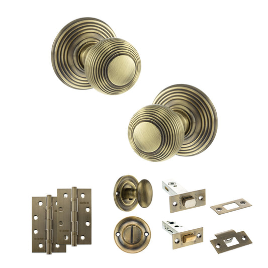 Old English Ripon Door Knob Pack (Bathroom Set - 4" Deadbolt, 4" Slim Knuckle Hinges x2) - Antique Brass - Default