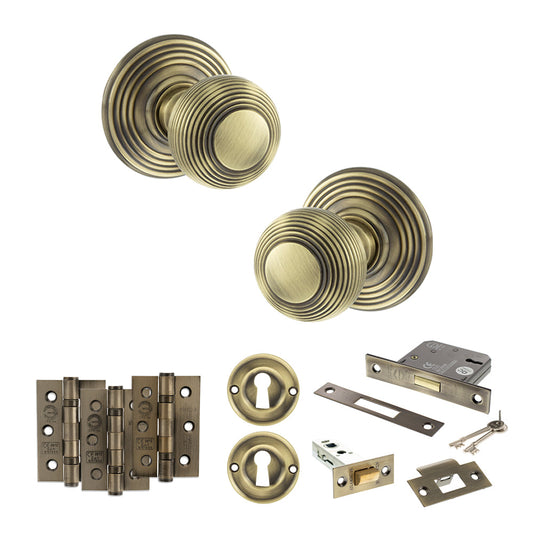 Old English Ripon Door Knob Pack (Lock Set - 3" Latch & Deadlock, 3" Fire Rated Hinges x3) - Antique Brass - Default