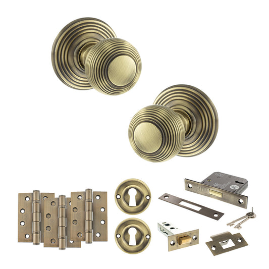 Old English Ripon Door Knob Pack (Lock Set - 3" Latch & Deadlock, 4" Fire Rated Hinges x3) - Antique Brass - Default