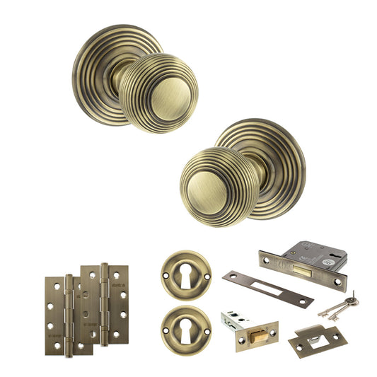 Old English Ripon Door Knob Pack (Lock Set - 3" Latch & Deadlock, 4" Slim Knuckle Hinges x2) - Antique Brass - Default