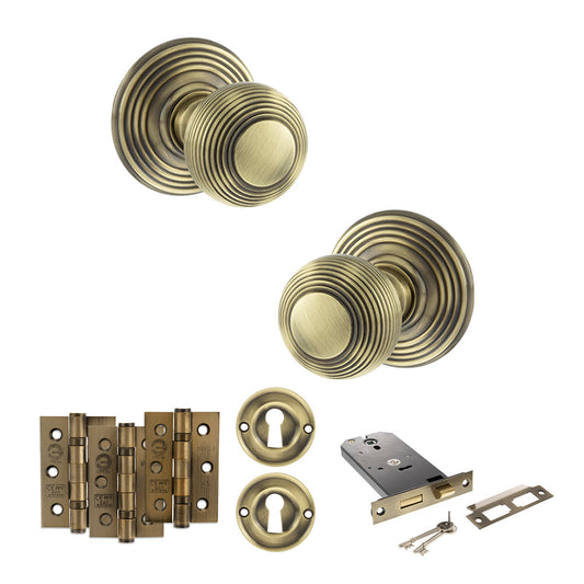 Old English Ripon Door Knob Pack (Lock Set - Horizontal Sashlock, 3" Fire Rated Hinges x3) - Antique Brass - Default