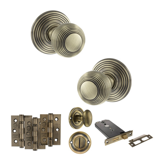 Old English Ripon Door Knob Pack (Lock Set - Horizontal Bathlock, 3" Fire Rated Hinges x3) - Antique Brass - Default