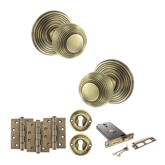 Old English Ripon Door Knob Pack (Lock Set - Horizontal Sashlock, 4" Fire Rated Hinges x3) - Antique Brass - Default