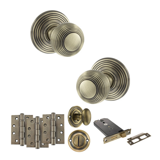 Old English Ripon Door Knob Pack (Lock Set - Horizontal Bathlock, 4" Fire Rated Hinges x3) - Antique Brass - Default