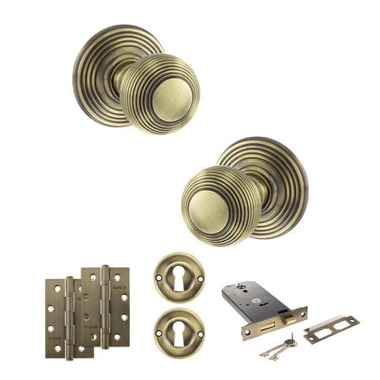 Old English Ripon Door Knob Pack (Lock Set - Horizontal Sashlock, 4" Slim Knuckle Hinges x2) - Antique Brass - Default