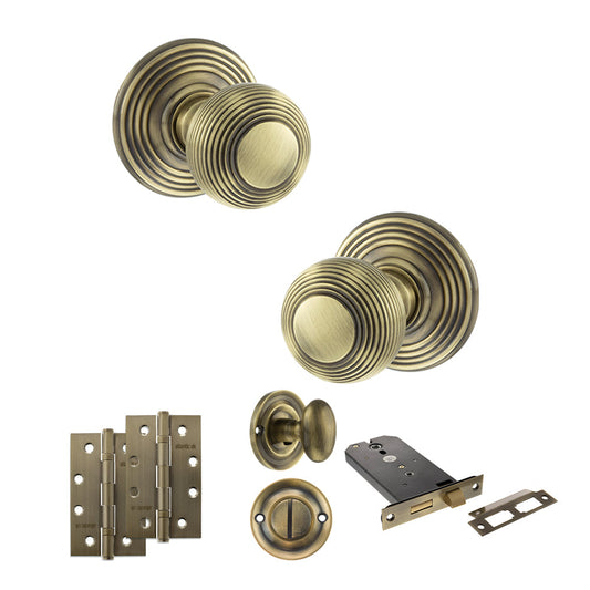 Old English Ripon Door Knob Pack (Lock Set - Horizontal Bathlock, 4" Slim Knuckle Hinges x2) - Antique Brass - Default