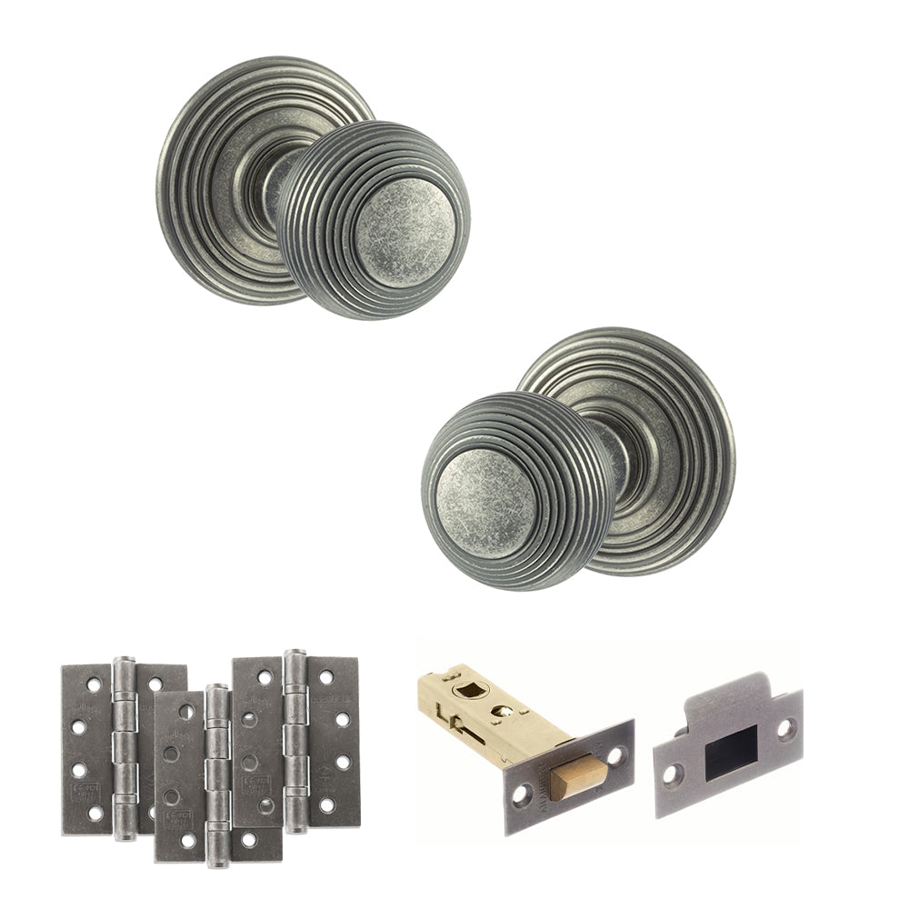 Old English Ripon Door Knob Pack (Latch Set - 4" HD Latch, 4" Fire Rated Hinges x3) - Distressed Silver - Default