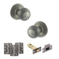 Old English Ripon Door Knob Pack (Latch Set - 4" HD Latch, 4" Fire Rated Hinges x3) - Distressed Silver - Default