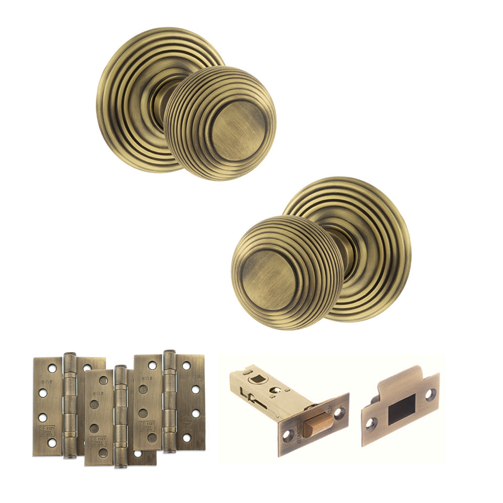 Old English Ripon Door Knob Pack (Latch Set - 4" HD Latch, 4" Fire Rated Hinges x3) - Matt Antique Brass - Default