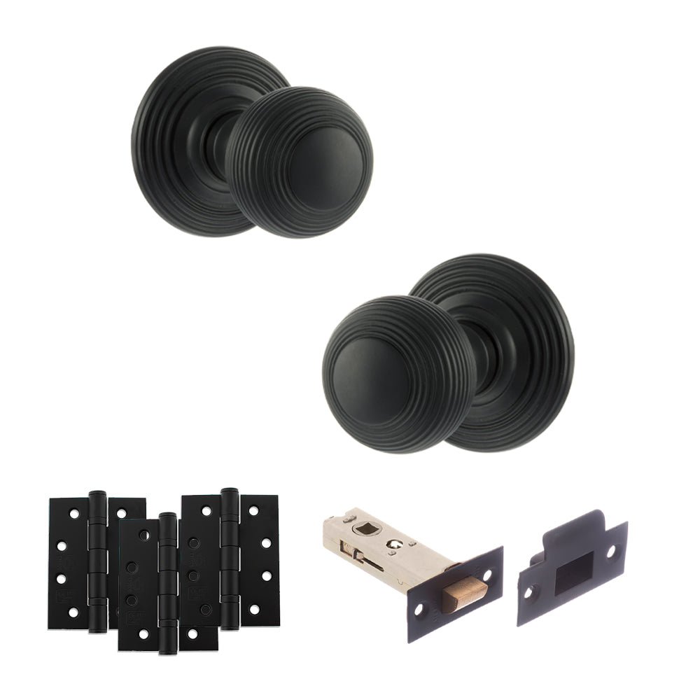 Old English Ripon Door Knob Pack (Latch Set - 4" HD Latch, 4" Fire Rated Hinges x3) - Matt Black - Default