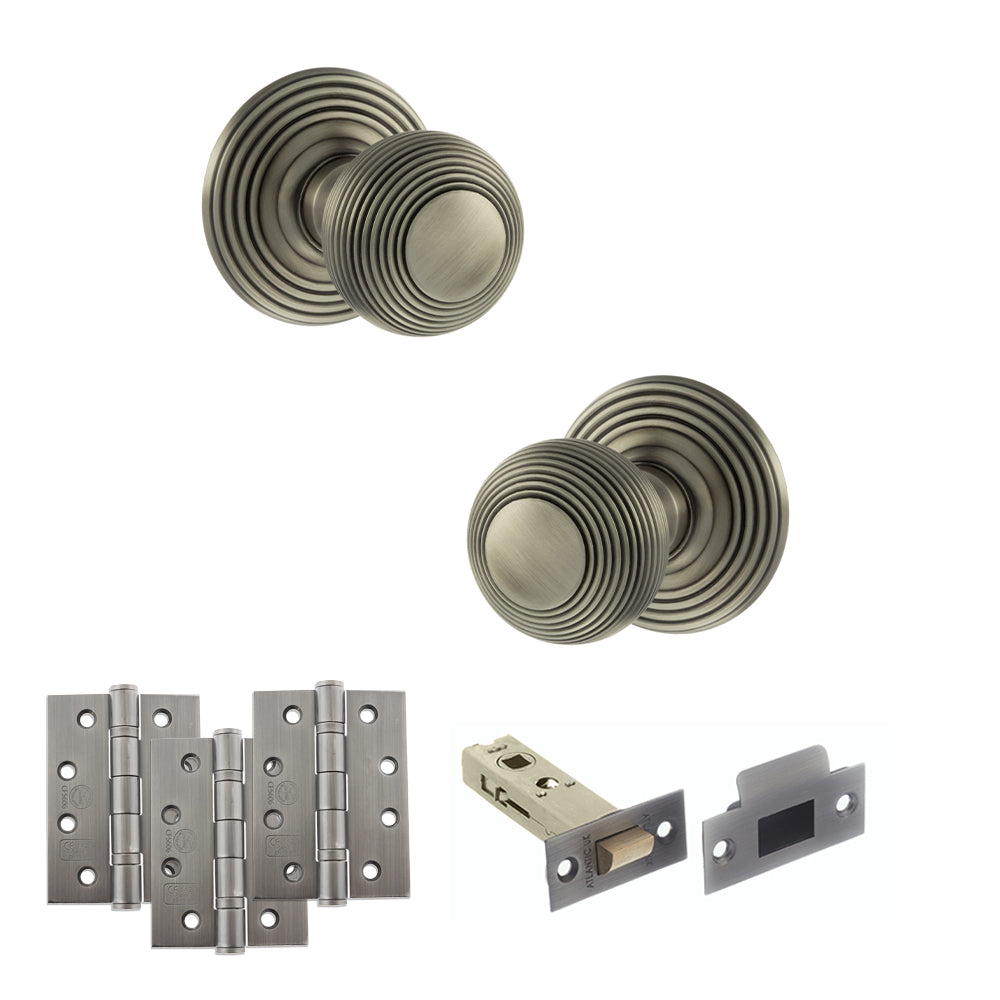 Old English Ripon Door Knob Pack (Latch Set - 4" HD Latch, 4" Fire Rated Hinges x3) - Matt Gun Metal - Default