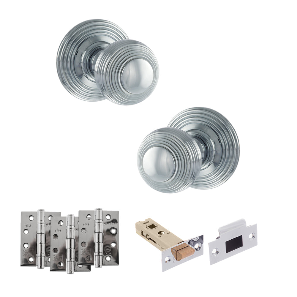 Old English Ripon Door Knob Pack (Latch Set - 4" HD Latch, 4" Fire Rated Hinges x3) - Polished Chrome - Default