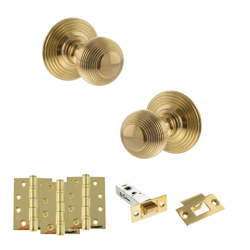 Old English Ripon Door Knob Pack (Latch Set - 4" HD Latch, 4" Fire Rated Hinges x3) - Raw Brass - Default