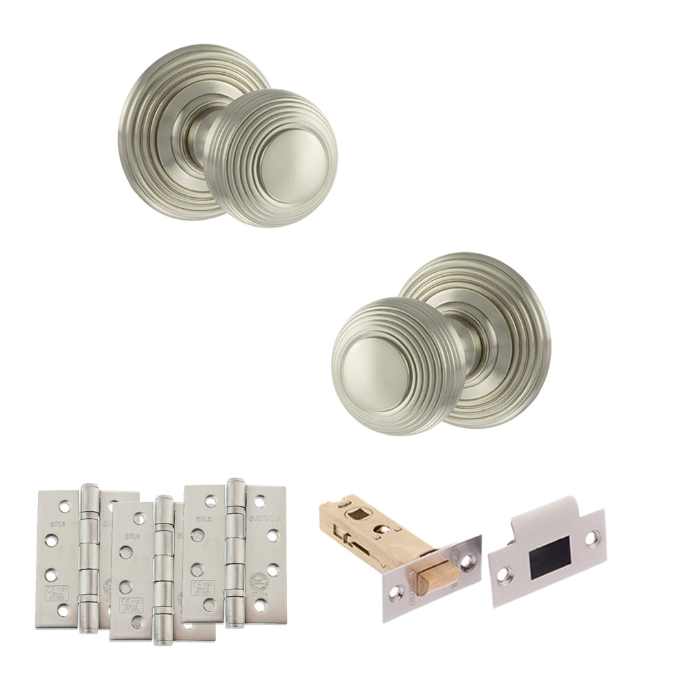 Old English Ripon Door Knob Pack (Latch Set - 4" HD Latch, 4" Fire Rated Hinges x3) - Satin Nickel - Default