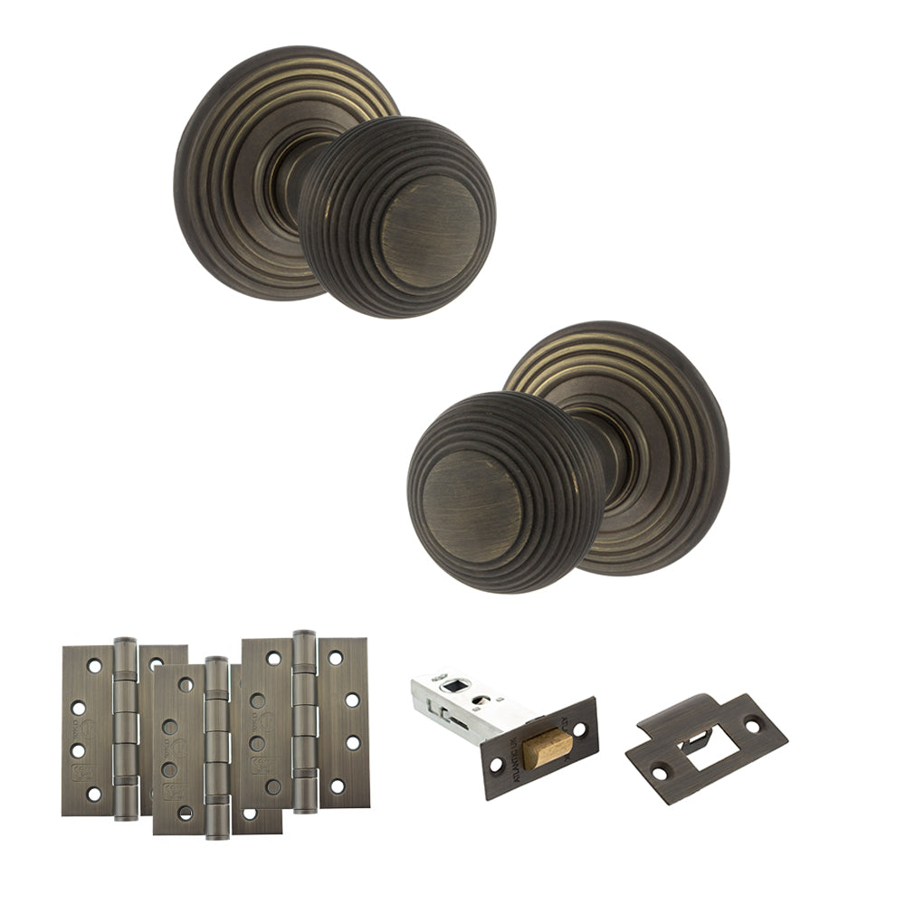 Old English Ripon Door Knob Pack (Latch Set - 4" HD Latch, 4" Fire Rated Hinges x3) - Urban Bronze - Default