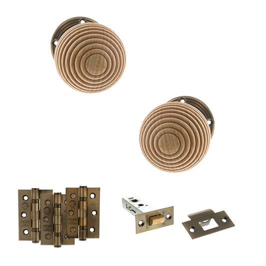 Old English Bridlington Door Knob Pack (Latch Set - 4" HD Latch, 3" Fire Rated Hinges x3) - Antique Brass - Default