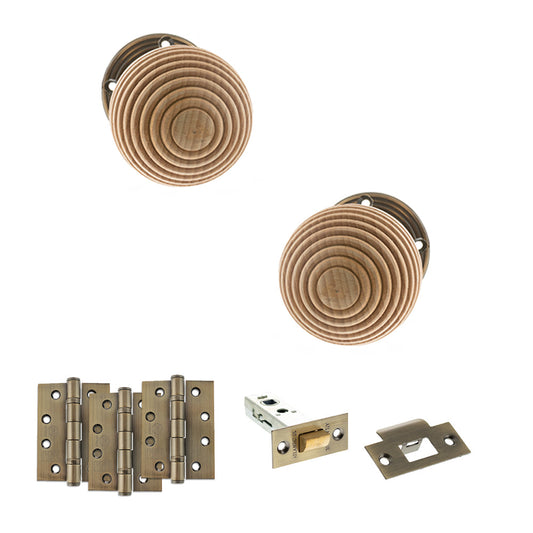Old English Bridlington Door Knob Pack (Latch Set - 4" HD Latch, 4" Fire Rated Hinges x3) - Antique Brass - Default