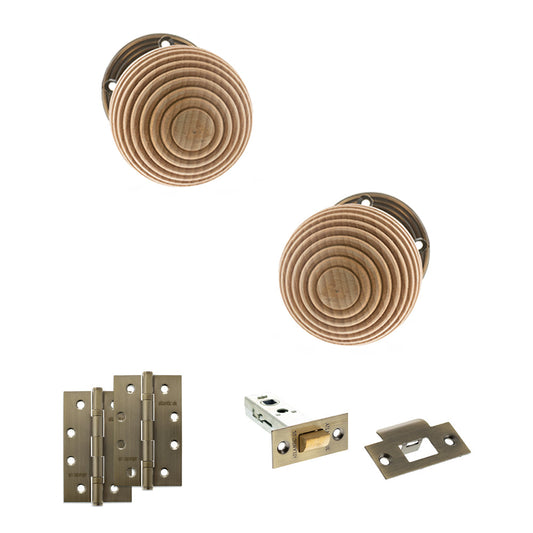 Old English Bridlington Door Knob Pack (Latch Set - 4" HD Latch, 4" Slim Knuckle Hinges x2) - Antique Brass - Default