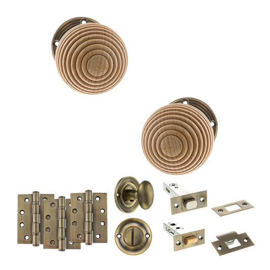 Old English Bridlington Door Knob Pack (Bathroom Set - 4" Deadbolt, 4" Fire Rated Hinges x3) - Antique Brass - Default
