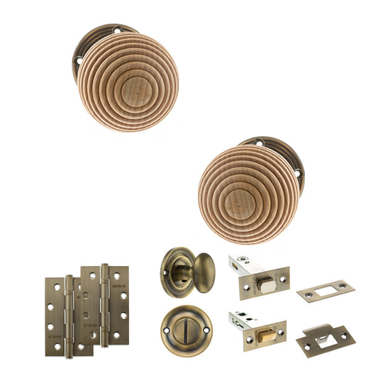 Old English Bridlington Door Knob Pack (Bathroom Set - 3" Deadbolt, 4" Slim Knuckle Hinges x2) - Antique Brass - Default