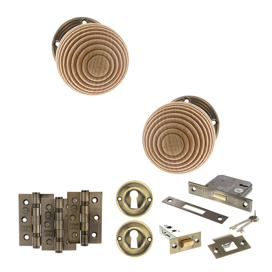 Old English Bridlington Door Knob Pack (Lock Set - 3" Latch & Deadlock, 3" Fire Rated Hinges x3) - Antique Brass - Default