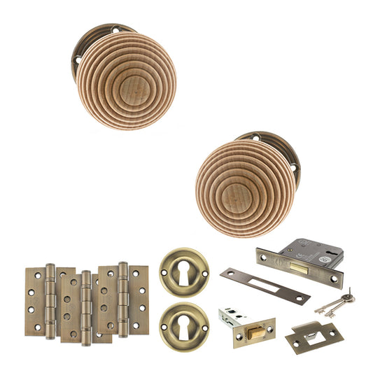 Old English Bridlington Door Knob Pack (Lock Set - 3" Latch & Deadlock, 4" Fire Rated Hinges x3) - Antique Brass - Default