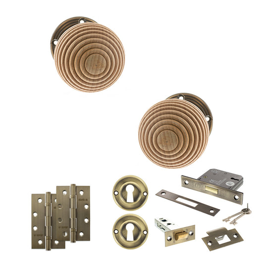 Old English Bridlington Door Knob Pack (Lock Set - 3" Latch & Deadlock, 4" Slim Knuckle Hinges x2) - Antique Brass - Default