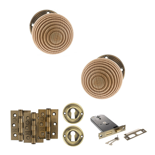Old English Bridlington Door Knob Pack (Lock Set - Horizontal Sashlock, 3" Fire Rated Hinges x3) - Antique Brass - Default